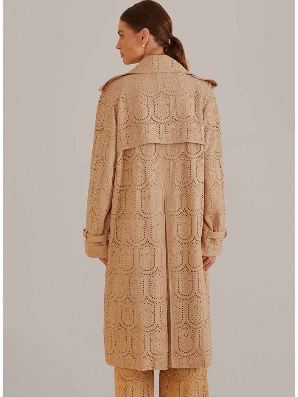 Farm Rio Khaki Pineapple Cotton Eyelet Trench Coat Size Large Neutral Bohemian - Picture 3 of 13